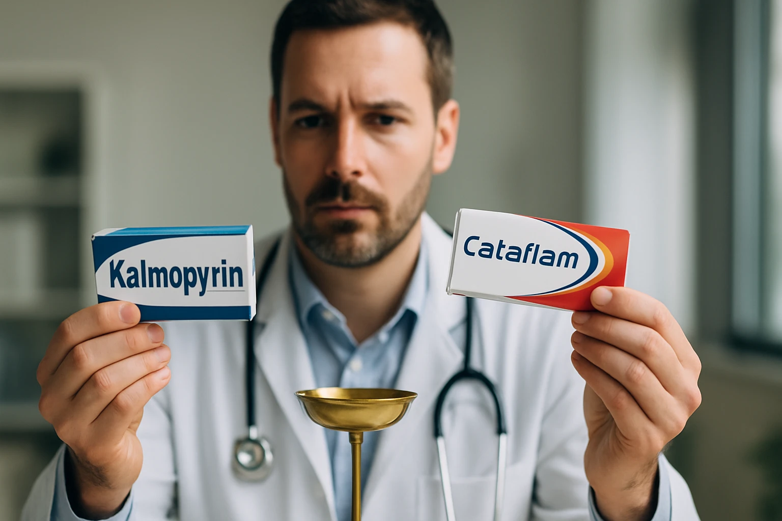 Egy orvos a Kalmpopyrin és Cataflam gyógyszerek dobozait tartja a kezében.