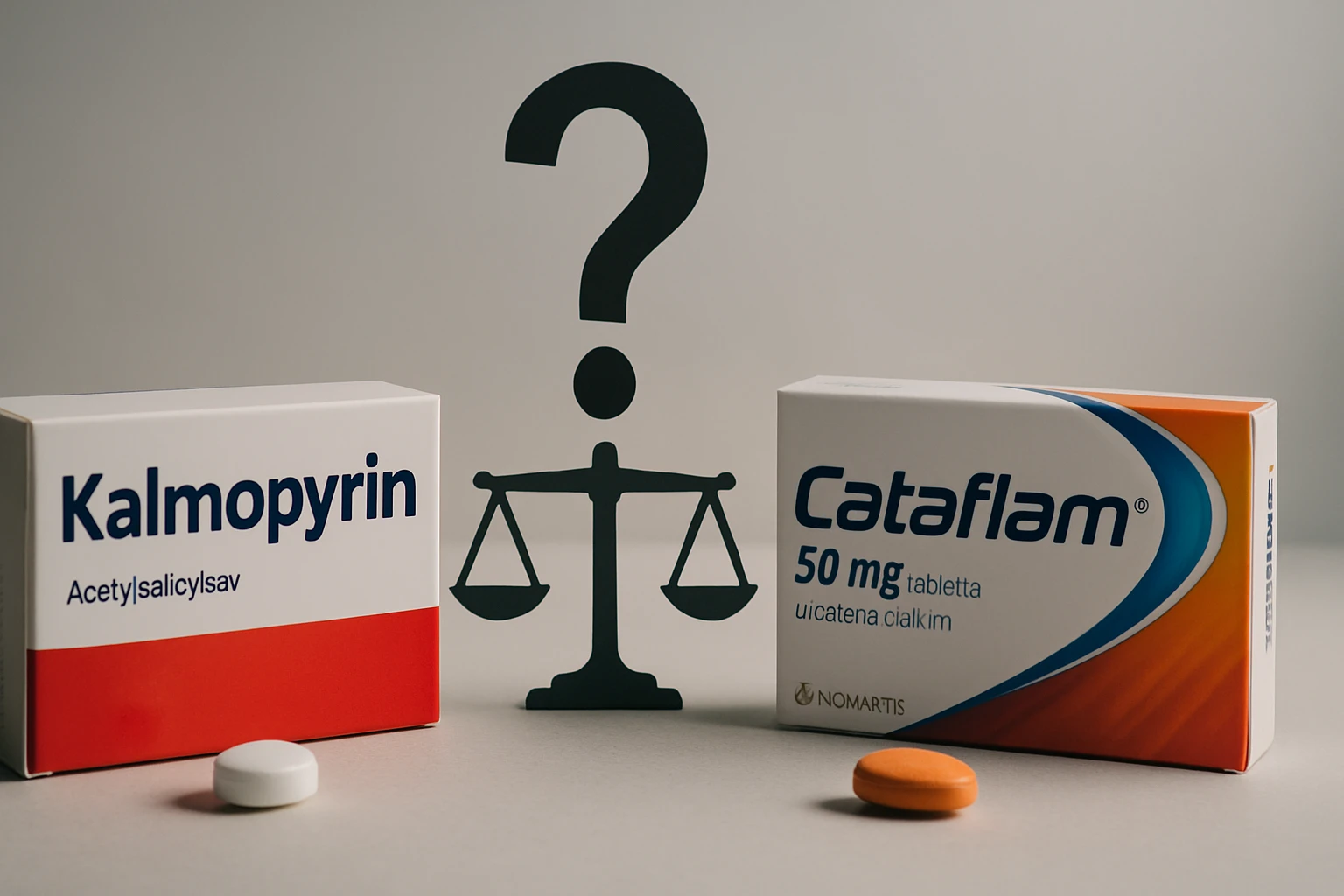 Két gyógyszer doboza, Kalmpoyrin és Cataflam, egy kérdőjel mellett.