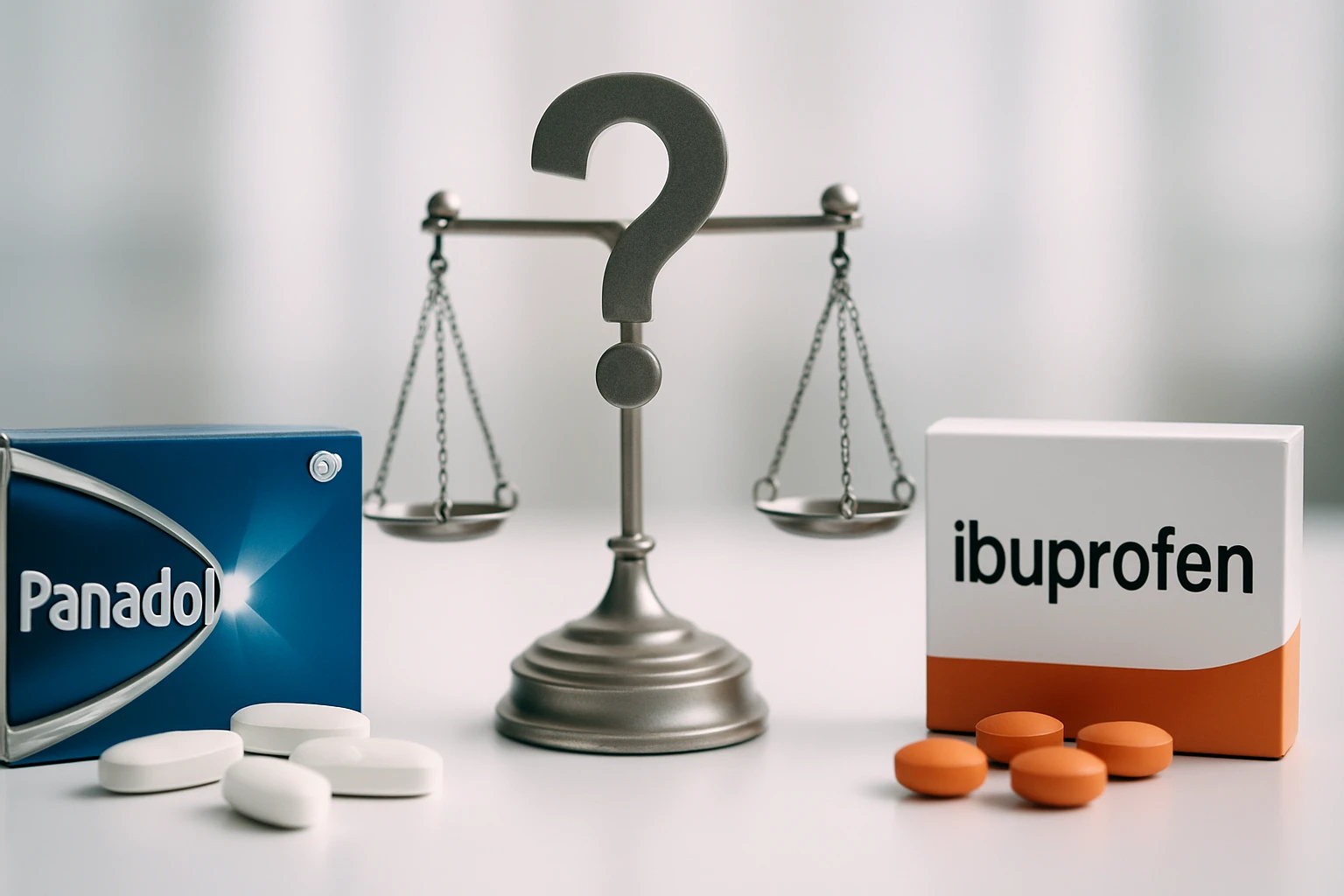 Két gyógyszer, Panadol és ibuprofen, egy mérleg mellett, ami a választás nehézségét szimbolizálja.