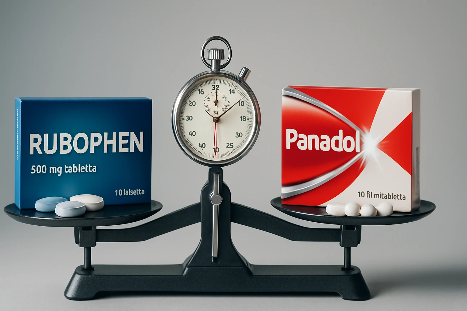 Két gyógyszer, Rubophen és Panadol, mérlegen, időmérővel.