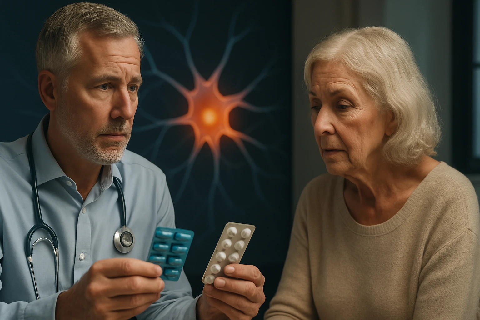 Egy orvos és egy idős nő gyógyszeres dobozokat néznek, komoly arccal.