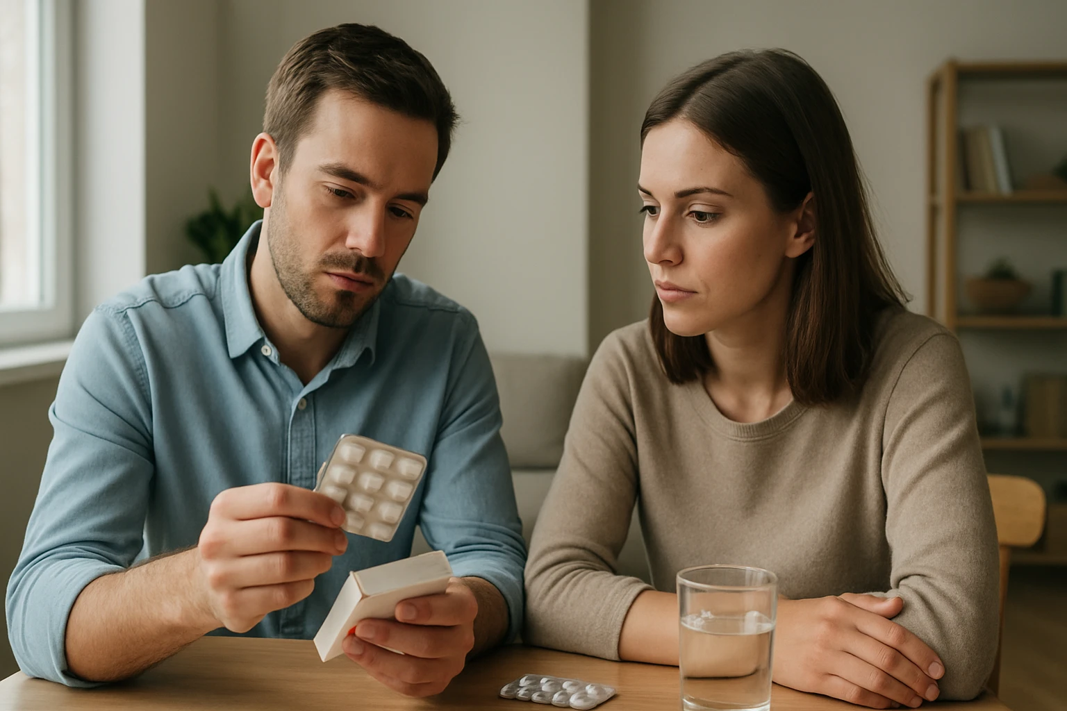 Egy férfi és egy nő ül egy asztalnál, gyógyszert néznek, komoly arccal.