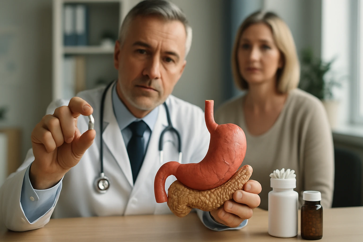 Orvos egy gyomor és hasnyálmirigy modellt tart a kezében, miközben gyógyszert mutat.