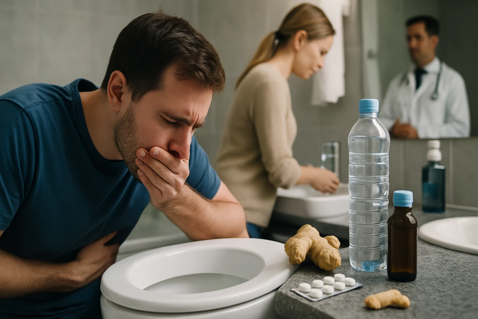 Egy férfi hányingerrel küzd, míg egy nő a mosdóban vizet tölt, gyógyszerek és gyömbér látható a pulton.