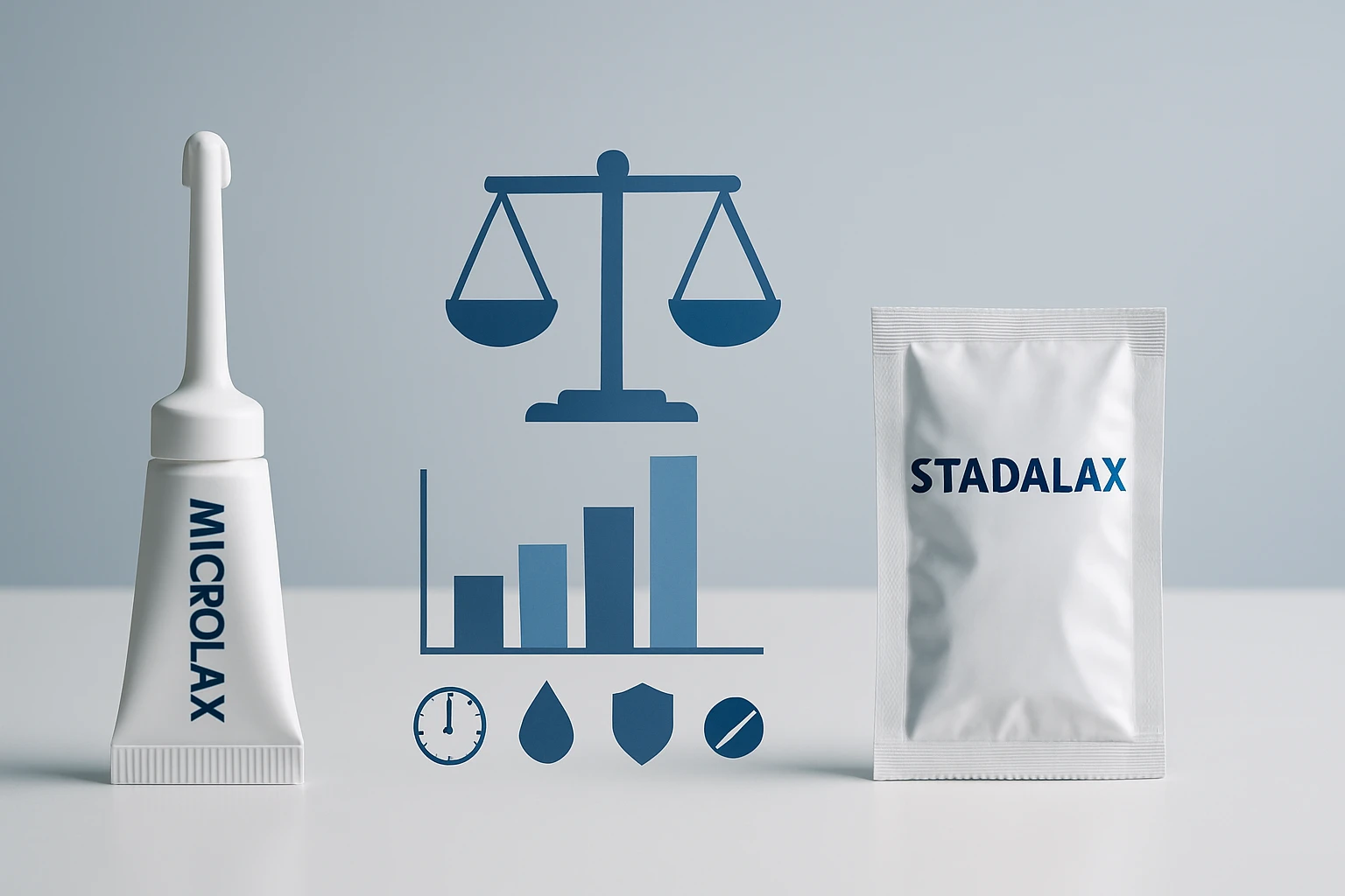 Két különböző hashajtó termék, a Microlax és a Stadalax, grafikai elemekkel.