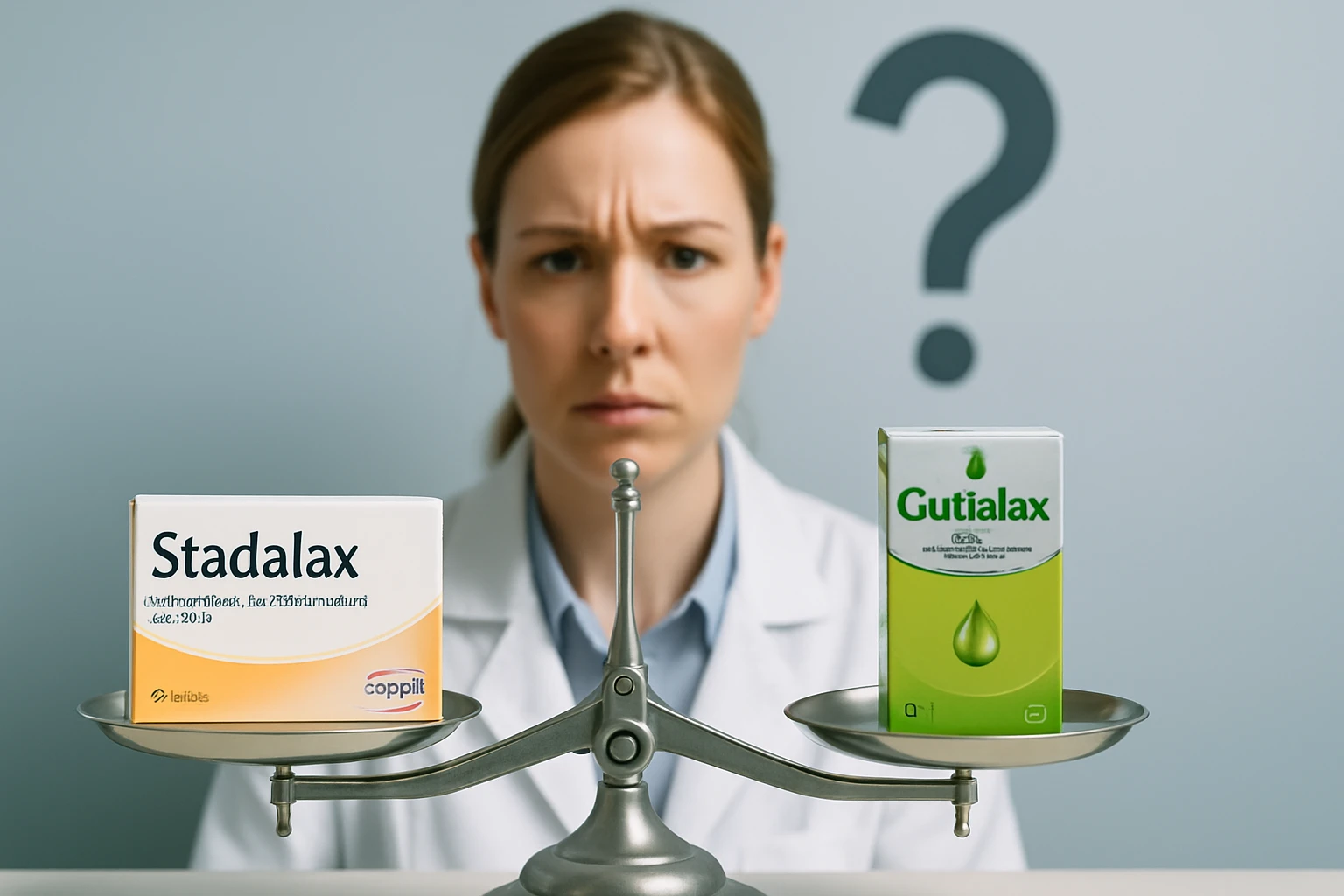 Egy orvos mérleggel a kezében, két hashajtó gyógyszer dobozával, gondolkodva.