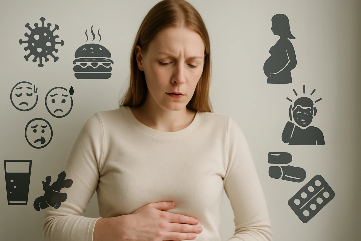 Egy nő, aki hasi fájdalomra panaszkodik, körülötte egészségügyi szimbólumokkal.