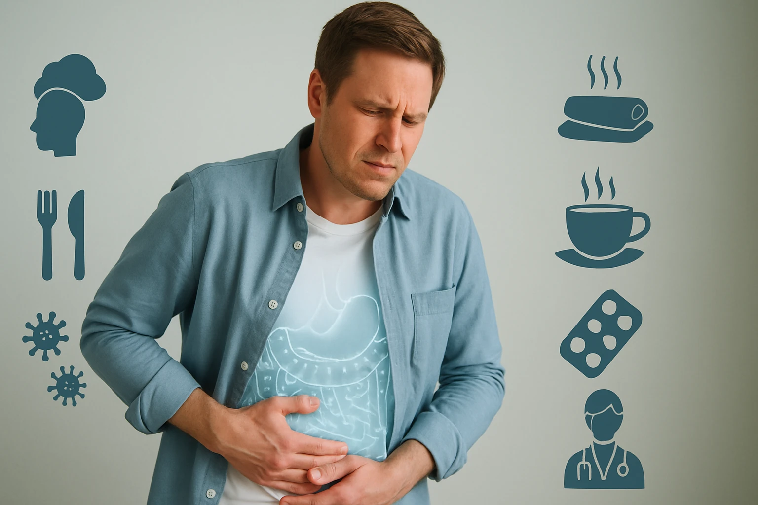 Egy férfi hasi fájdalommal küzd, miközben étkezési és egészségügyi ikonok láthatók körülötte.