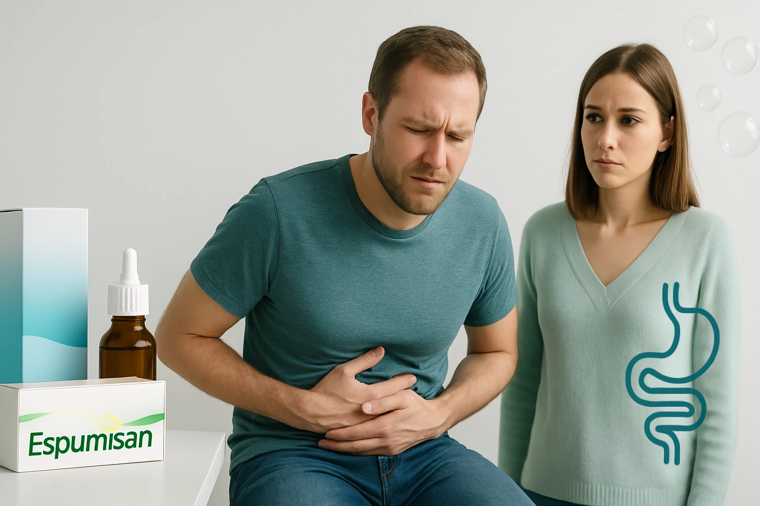 Egy férfi hasi fájdalommal küzd, míg egy nő aggódva nézi őt, mellettük Espumisan termékek.