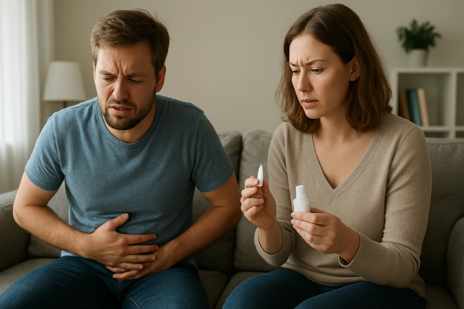 Egy férfi hasi fájdalommal küzd, míg egy nő gyógyszereket néz.