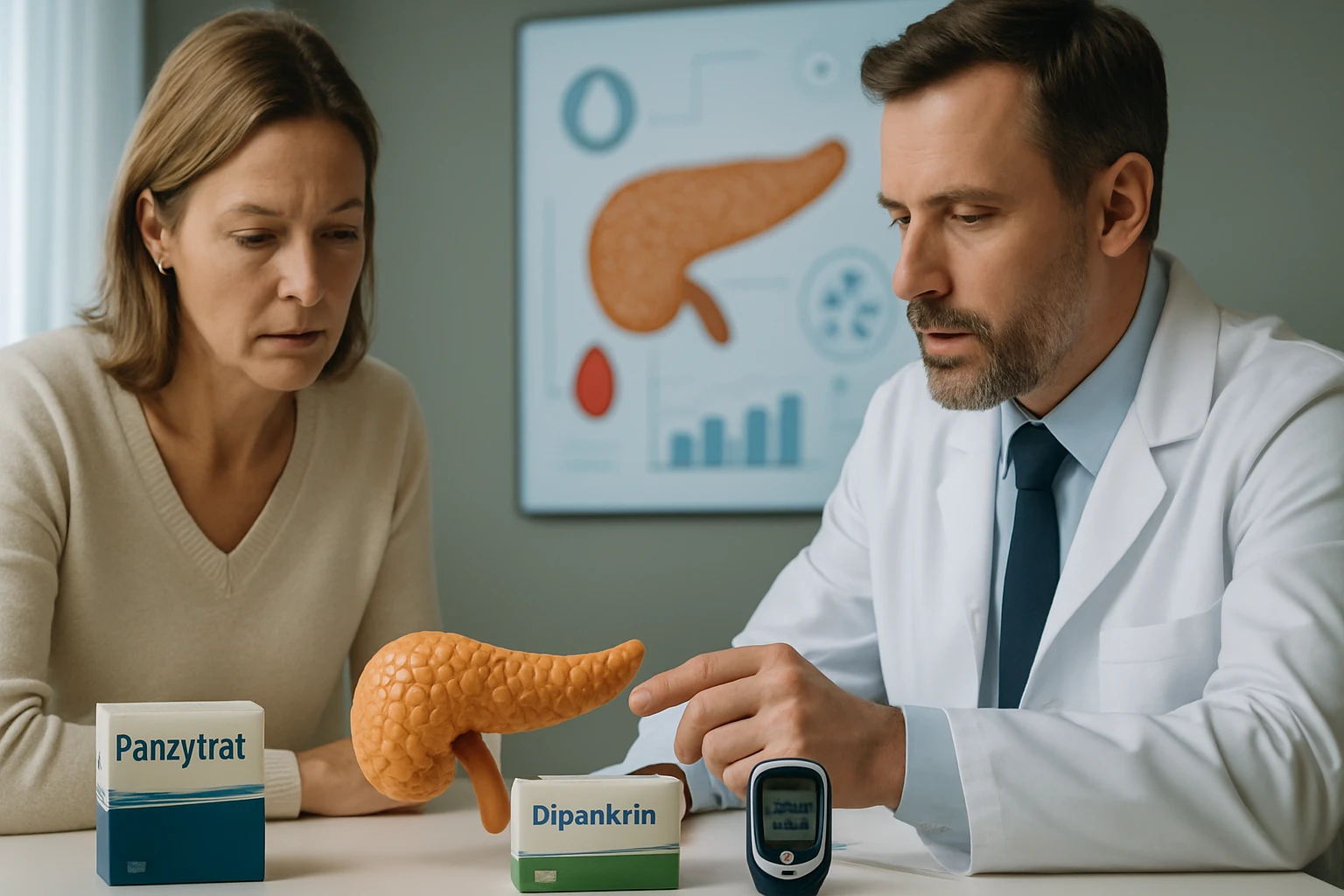 Egy orvos és egy nő a hasnyálmirigy modelljét nézik, gyógyszerekkel az asztalon.