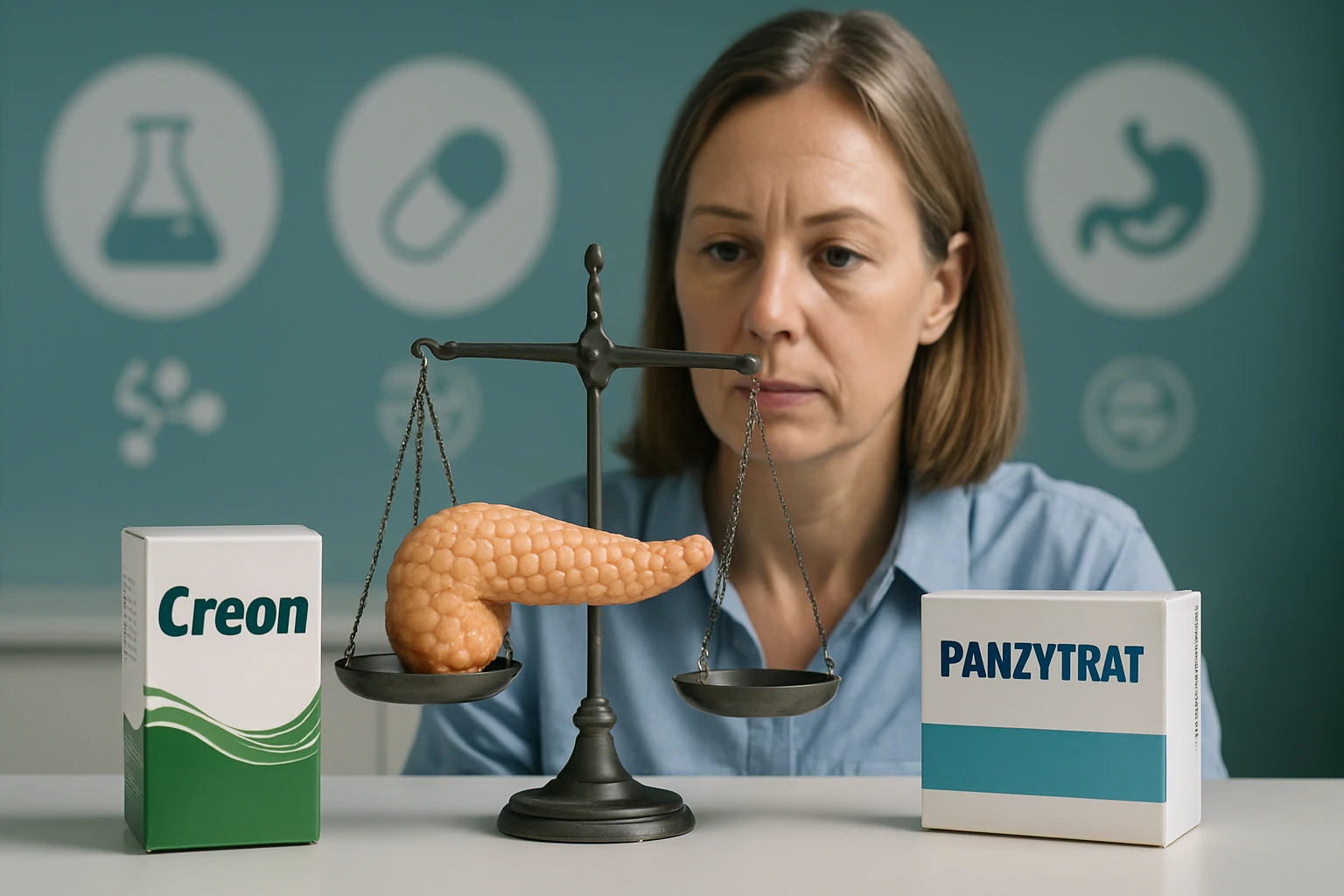 Egy nő figyelmesen nézi a mérleg egyik oldalán lévő hasnyálmirigyet és gyógyszereket.