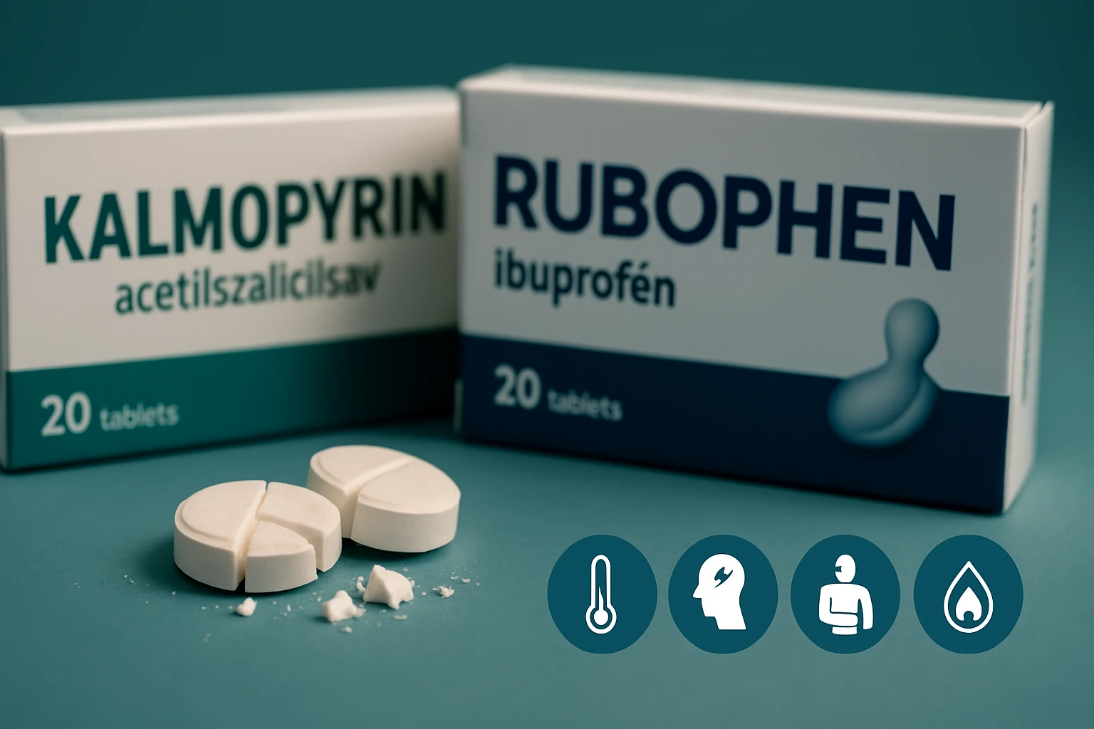 Két doboz gyógyszer, Kalmopyrin és Rubophen, fehér tablettákkal és ikonokkal a fájdalomcsillapításról.