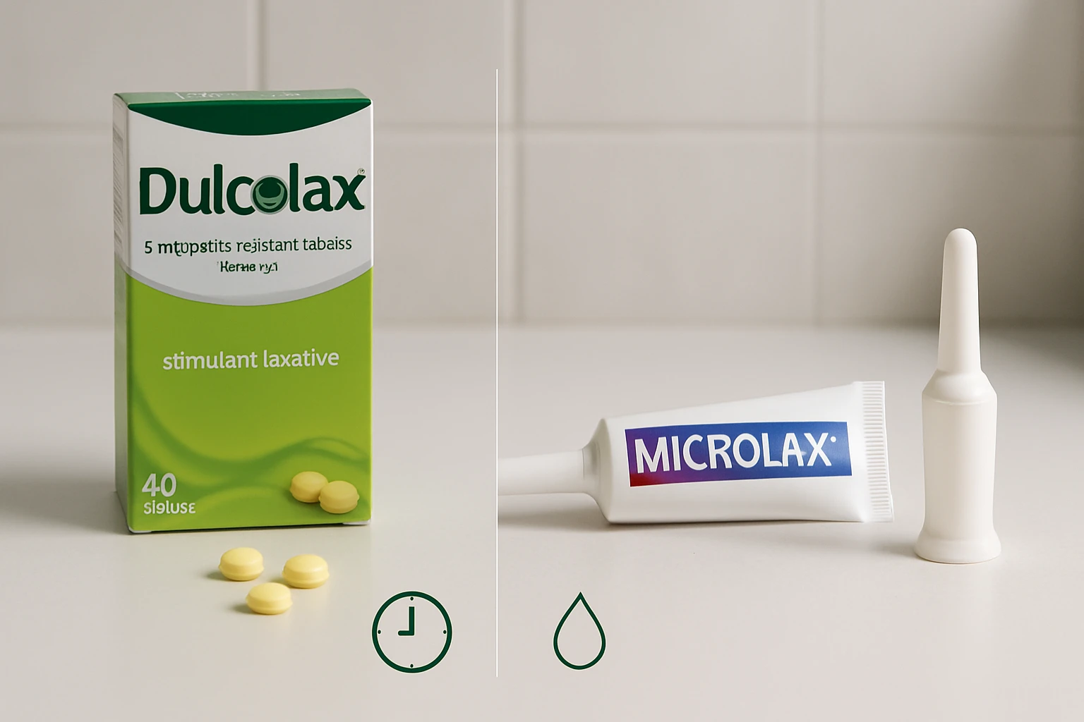 Dulcolax és Microlax hashajtók, sárga tabletták és mikroklistír.