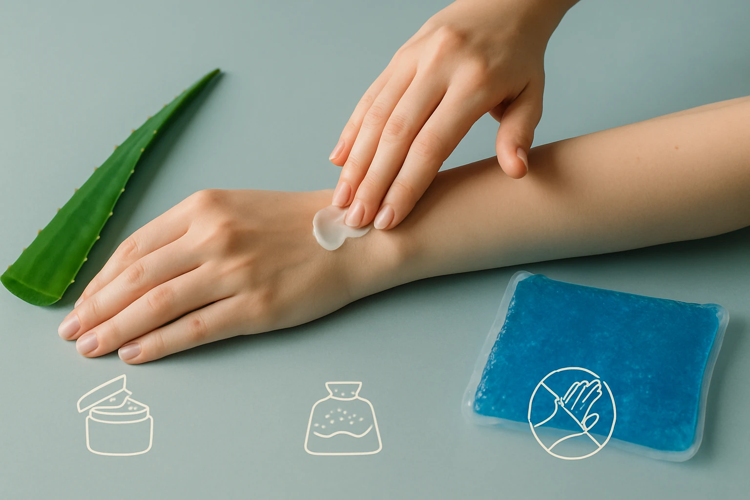 Egy kéz aloe vera levél mellett hidratáló krémet visz fel az alkarjára.