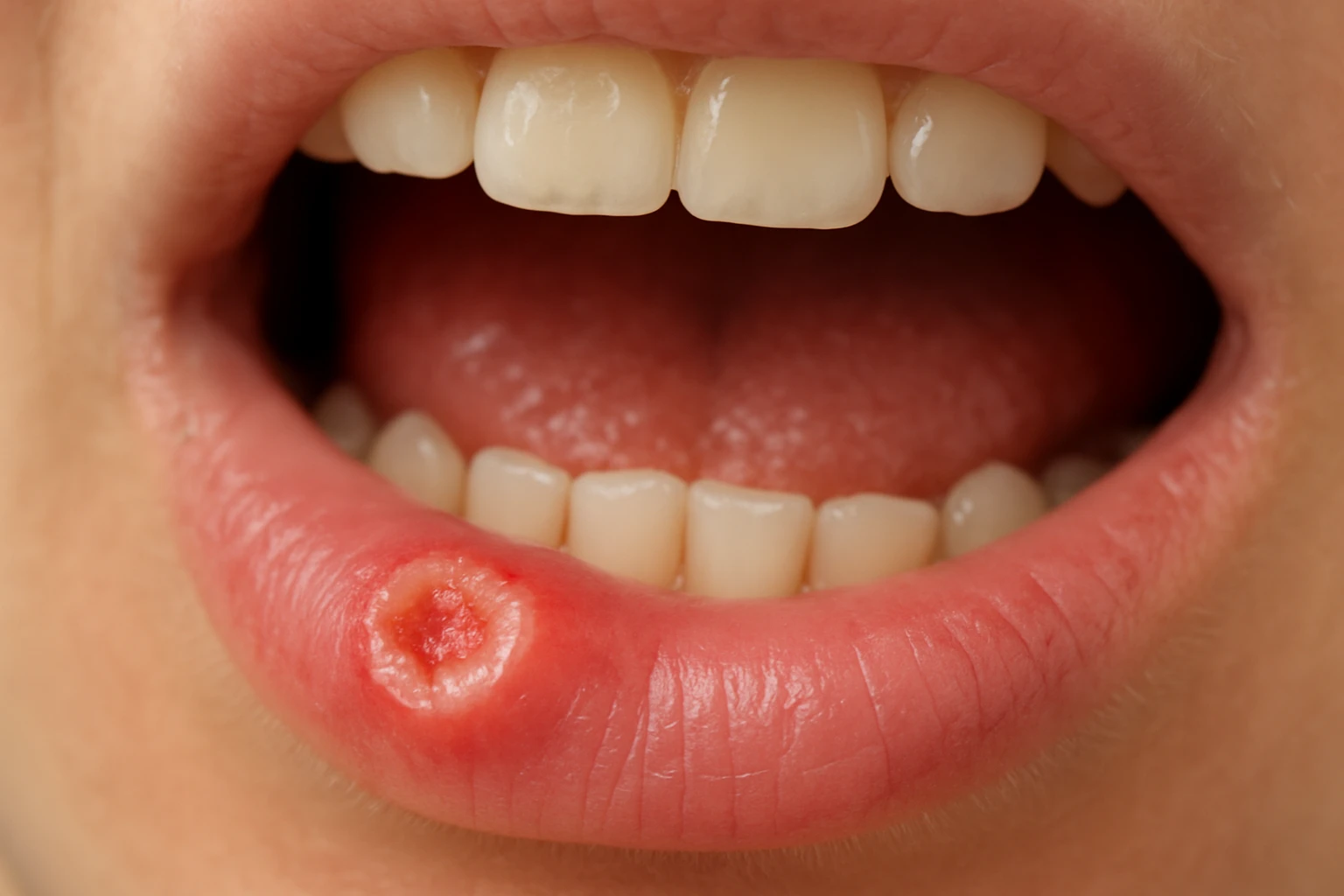 Egy emberi száj, amelyben egy piros, duzzadt hólyag látható az ajak belső részén.