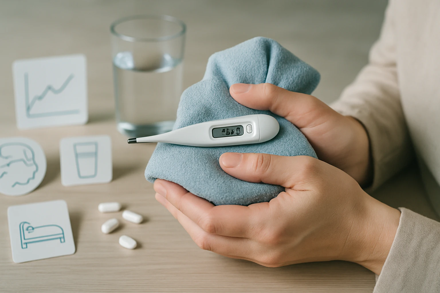 Egy kézben hőmérő és puha törölköző, víz és gyógyszerek mellett.