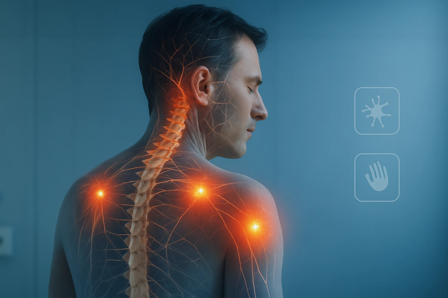 Egy férfi hátán látható idegrendszeri ábrázolás, kiemelve a gerincet és a fájdalompontokat.