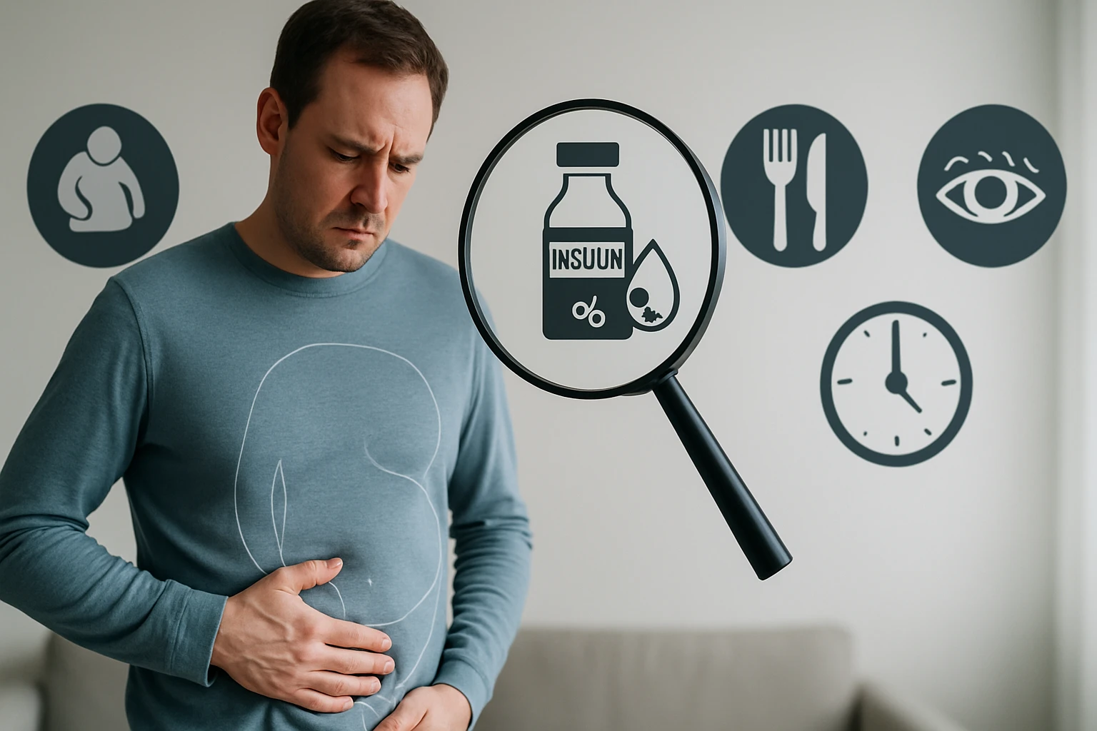 Egy férfi, aki hasi fájdalommal küzd, az inzulinról szóló információkat nézi.