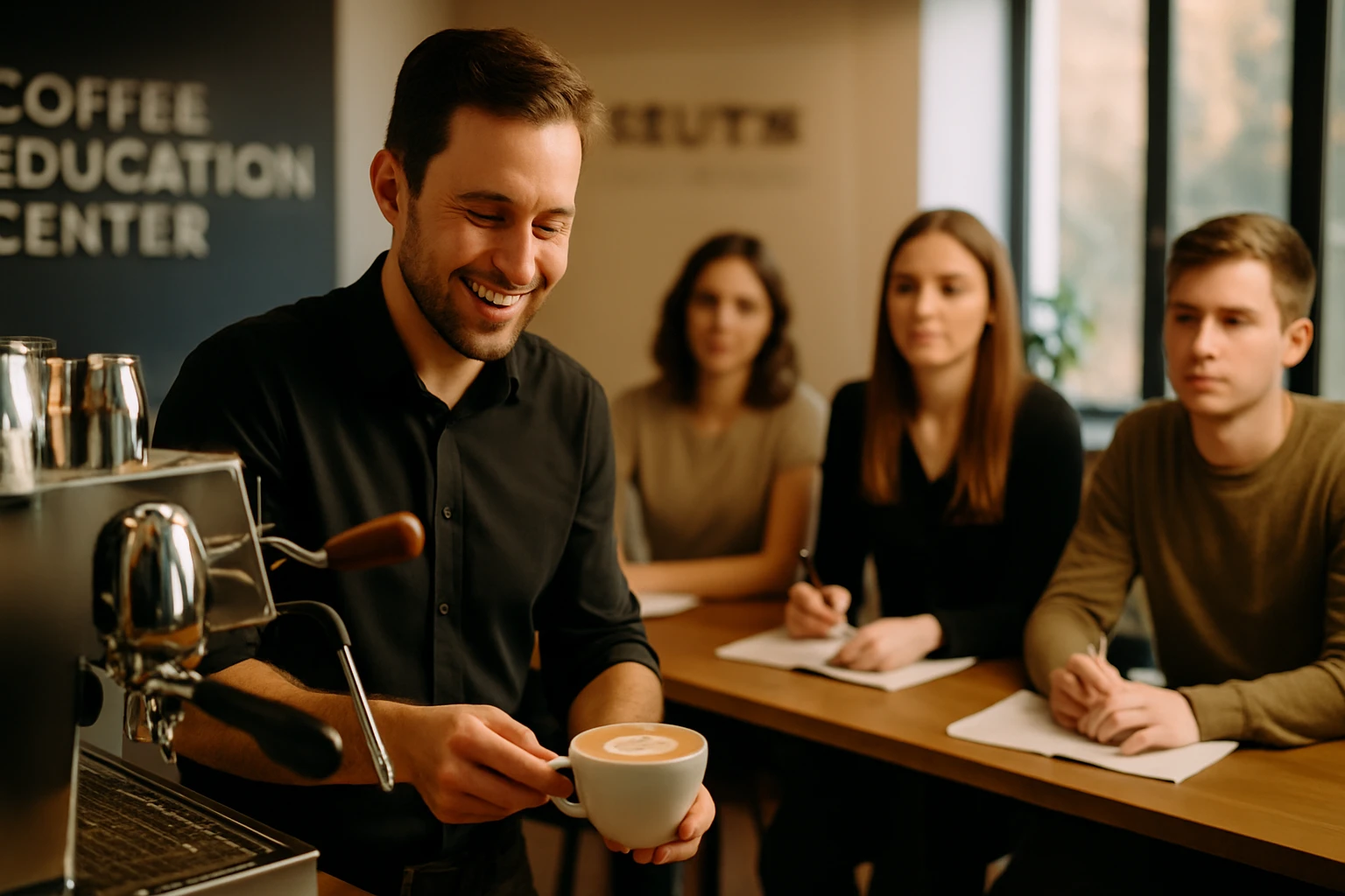 Egy férfi kávét készít egy kávézási oktatás során, háttérben érdeklődő diákokkal.