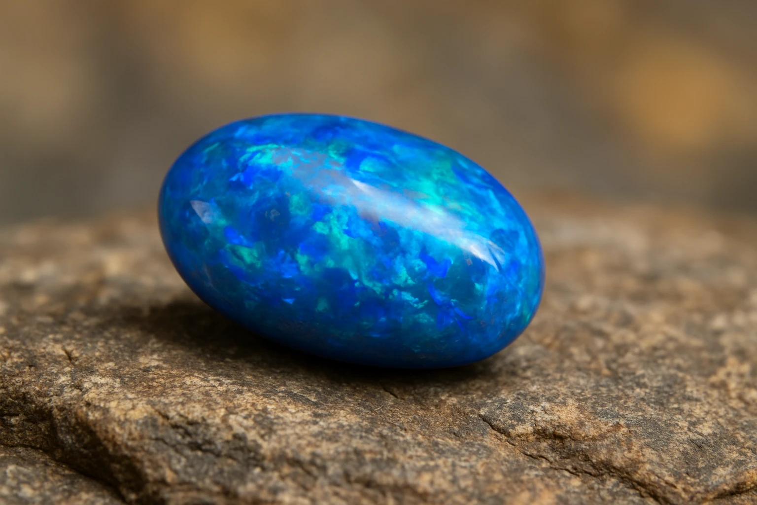 Egy kék színű opál kő, sima felülettel, természetes háttér előtt.