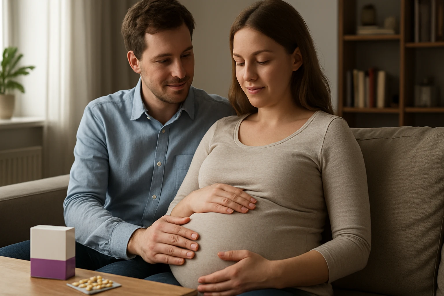 Egy kismama és párja együtt ülnek a kanapén, a nő hasát simogatja.