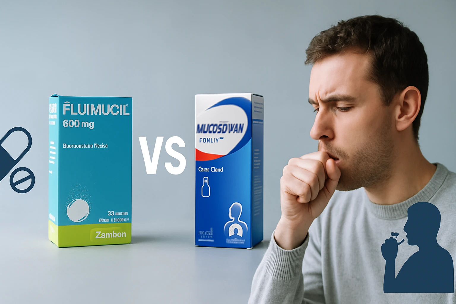 Két köhögés elleni gyógyszer doboza, egy férfi köhög, szürke háttér előtt.
