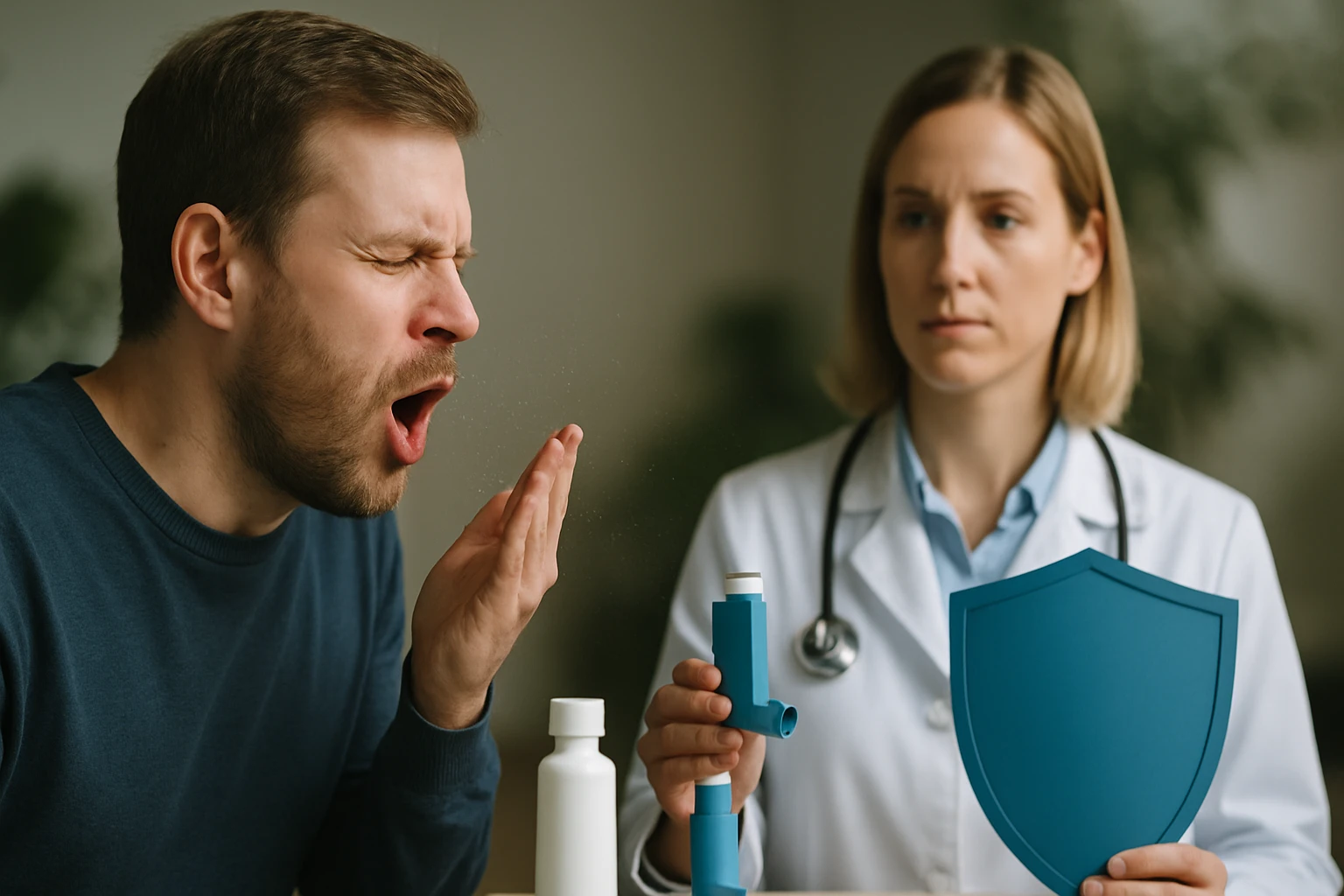 Egy férfi köhög, míg egy orvos figyeli, kezében inhalálóval és gyógyszeres flakonnal.