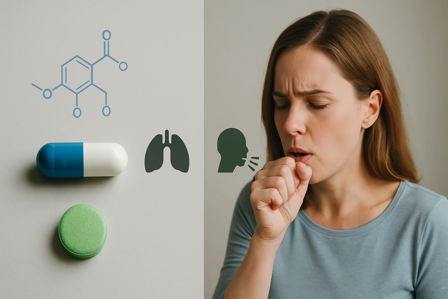 Egy nő köhög, mellette gyógyszerek és tüdő szimbólumok láthatók.