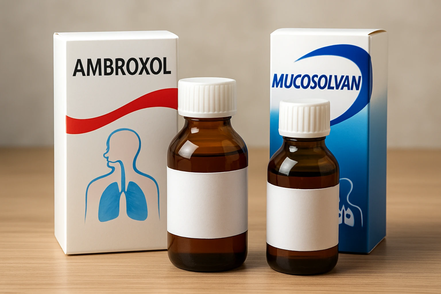 Két üveg köhögéscsillapító gyógyszer, Ambroxol és Mucosolvan, asztalon.