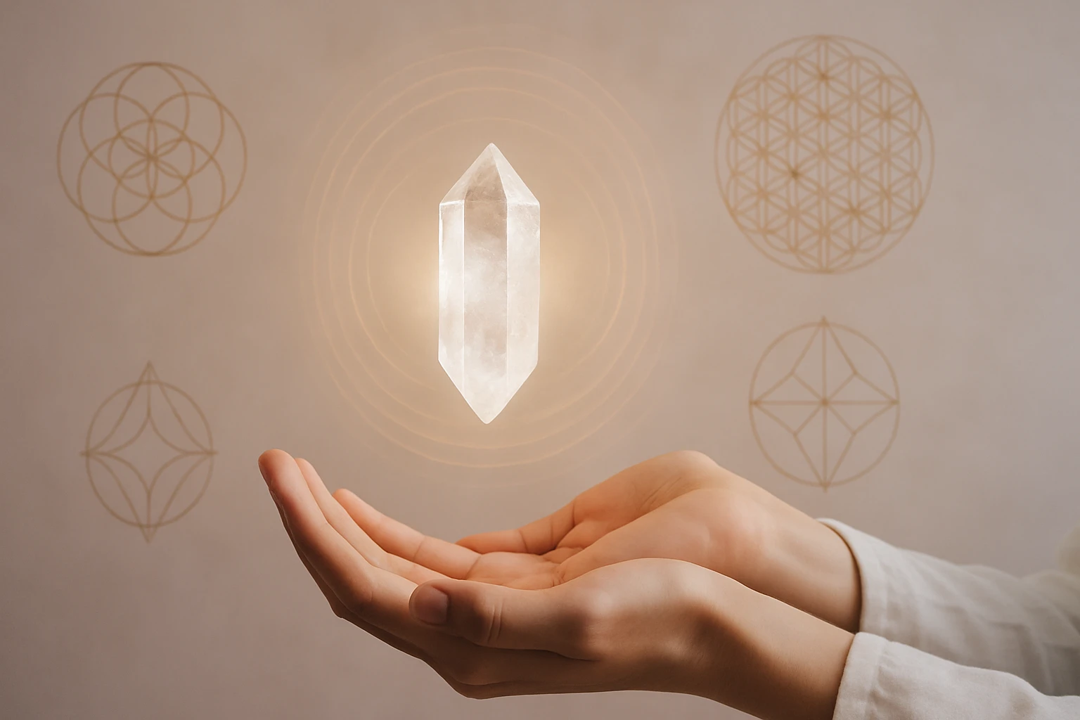 Két kéz tart egy lebegő, átlátszó kristályt, háttérben geometrikus minták.