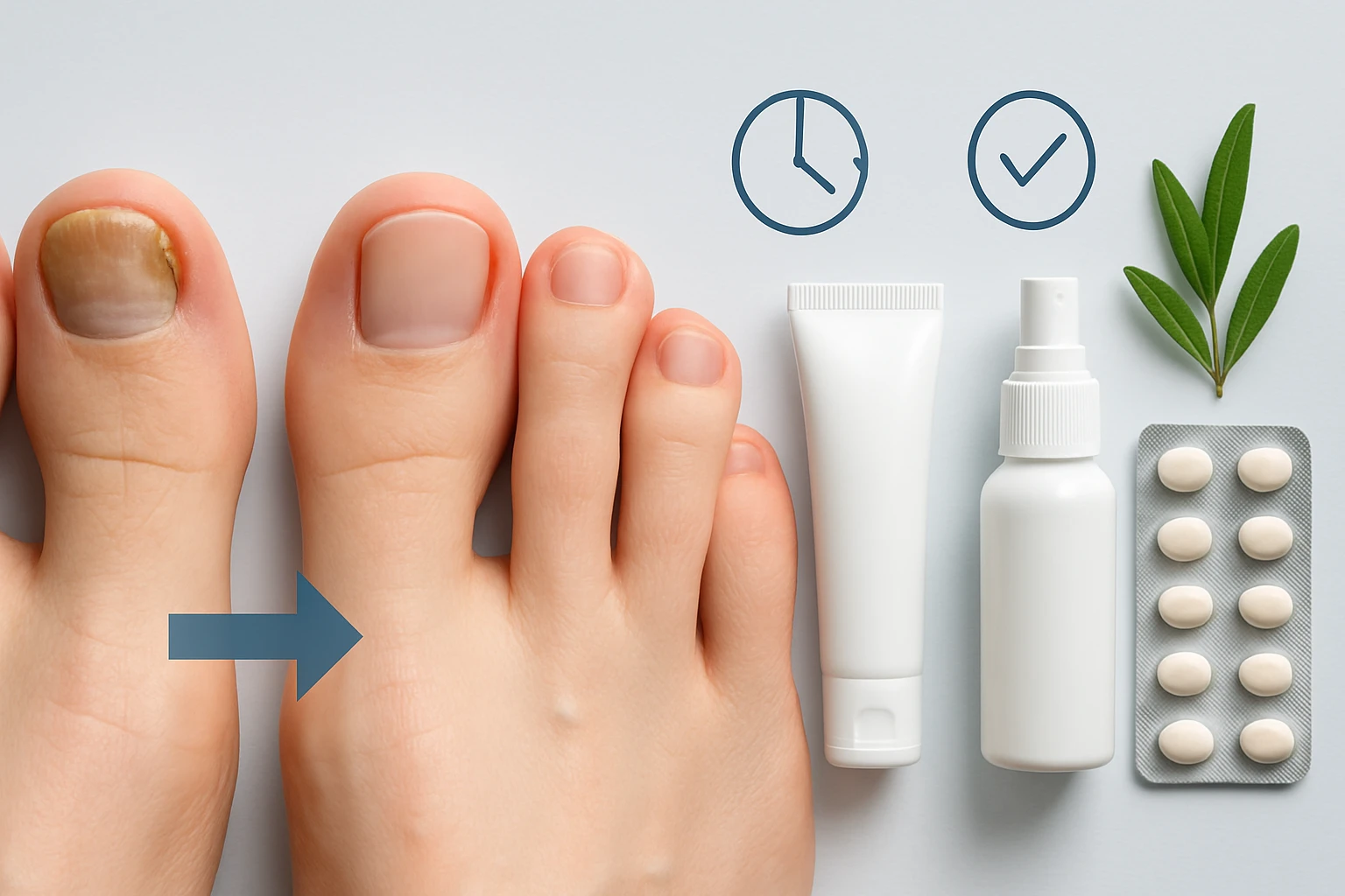 Két lábujj, az egyik körme sárgás, mellette különböző egészségügyi termékek.