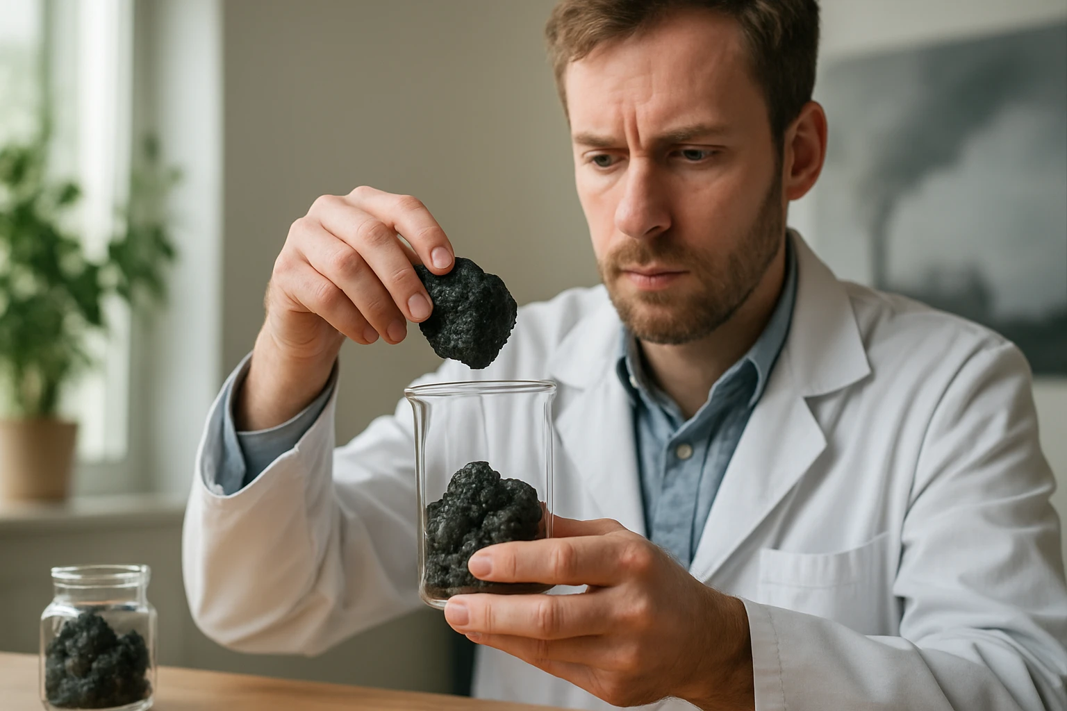 Egy férfi laboratóriumi köpenyben, fekete anyagot helyez egy üvegbe.