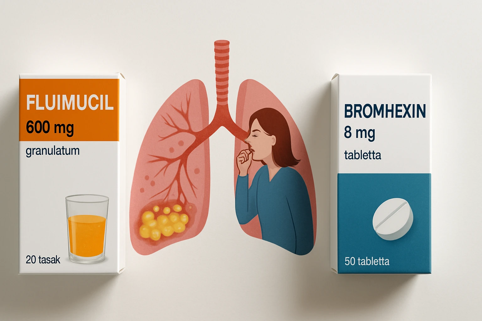 Egy nő köhög, mellette Flumicil és Bromhexin gyógyszerek dobozai láthatók.