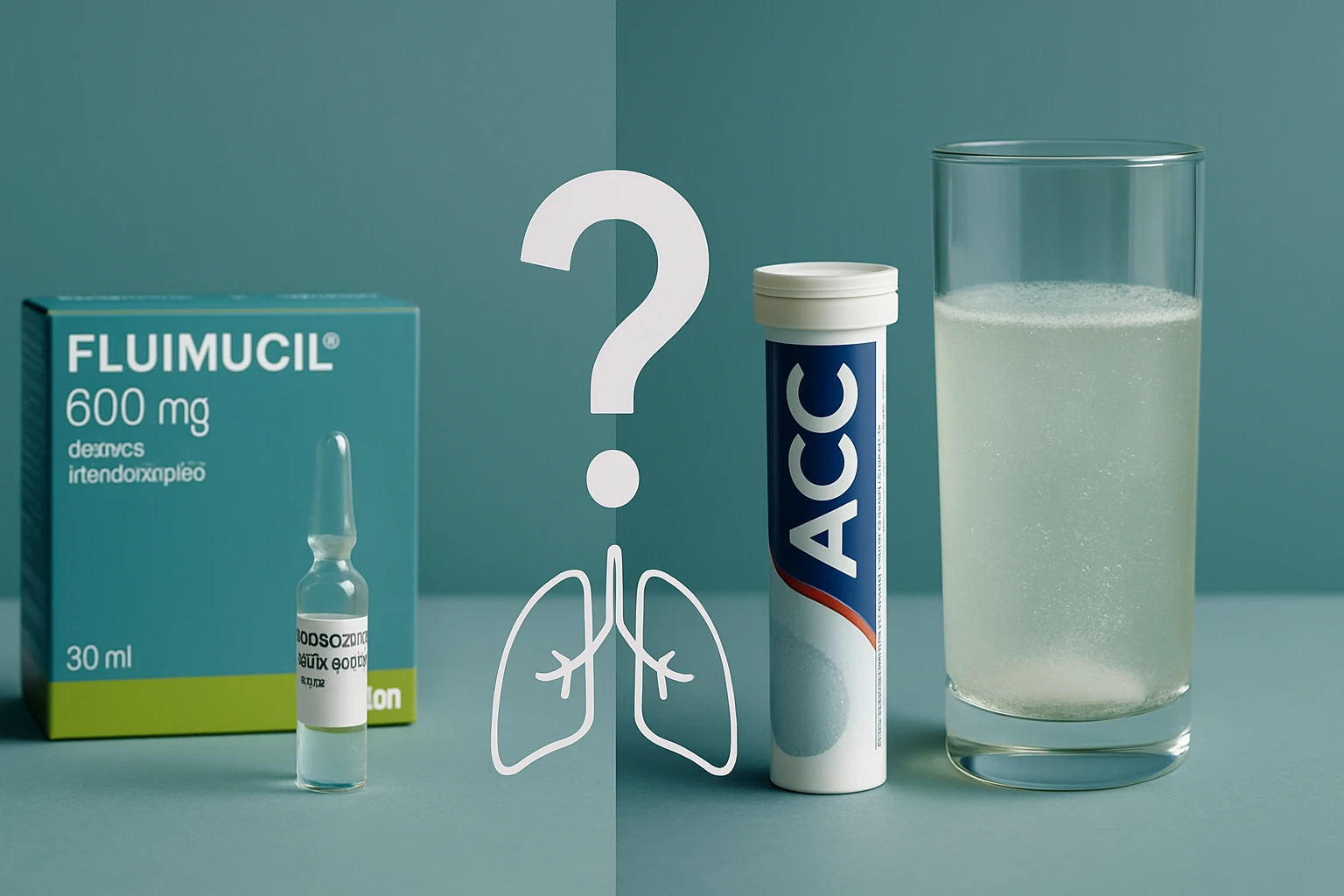 Fluimucil és ACC gyógyszerek, valamint egy pohár pezsgő ital a háttérben.