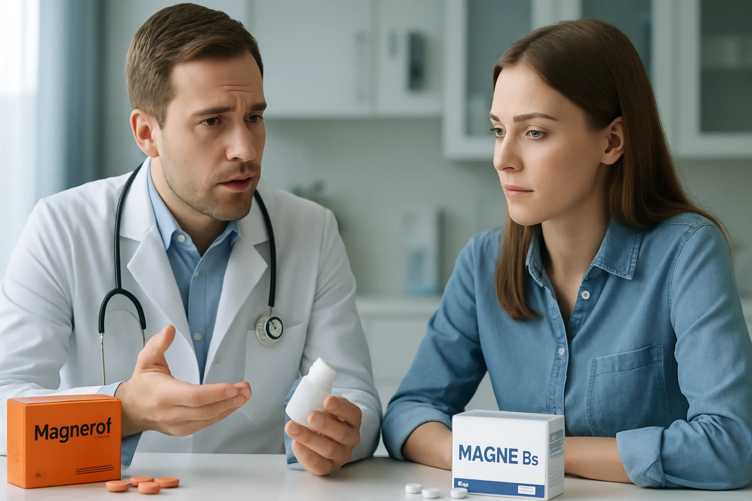 Egy orvos magyaráz egy nőnek a magnéziumkiegészítőkről, gyógyszerek láthatók az asztalon.