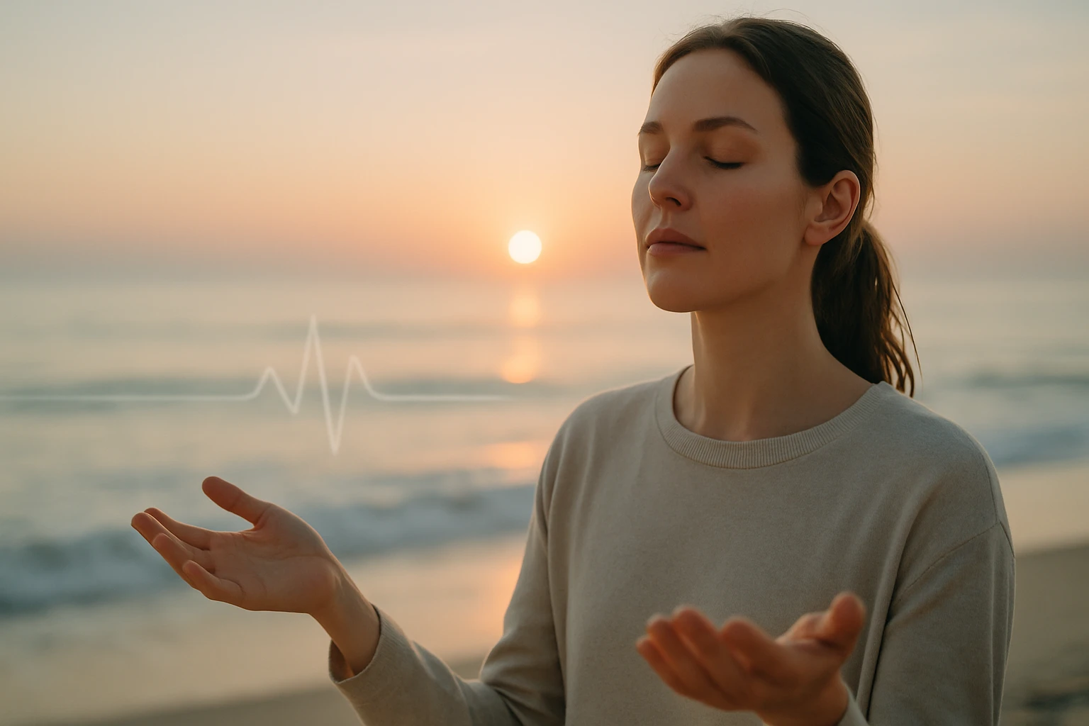 Egy nő meditál a tengerparton naplementében, nyugodt arckifejezéssel.