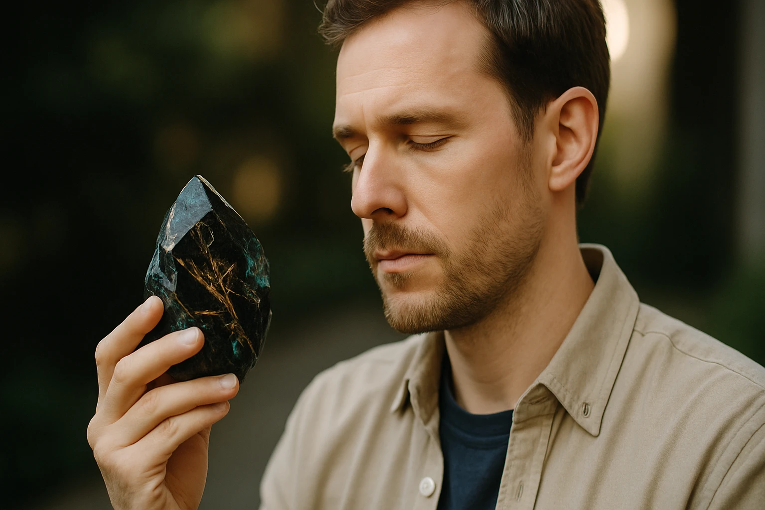 Egy férfi meditál, miközben egy különleges követ tart a kezében.