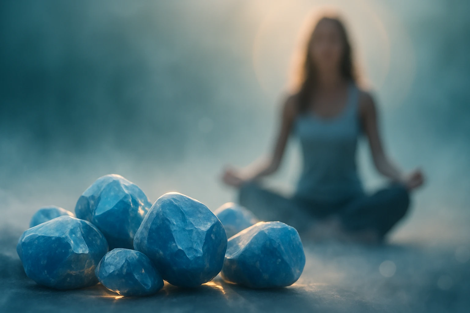 Kék ásványok csoportja, háttérben meditáló nő, lágy fényekkel.