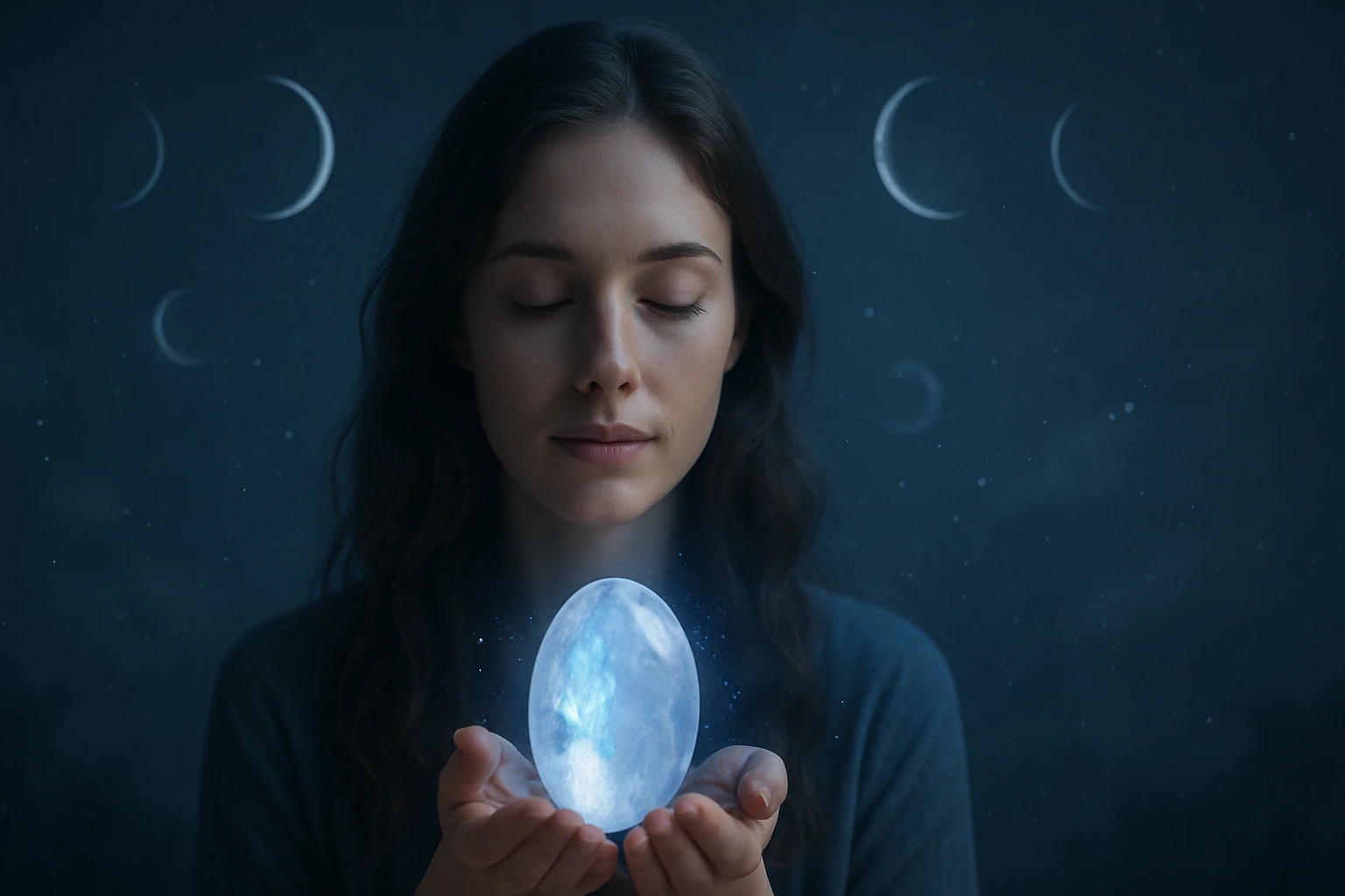 Egy nő, aki egy fénylő tojást tart a kezében, meditáló pózban, zöld háttér előtt.