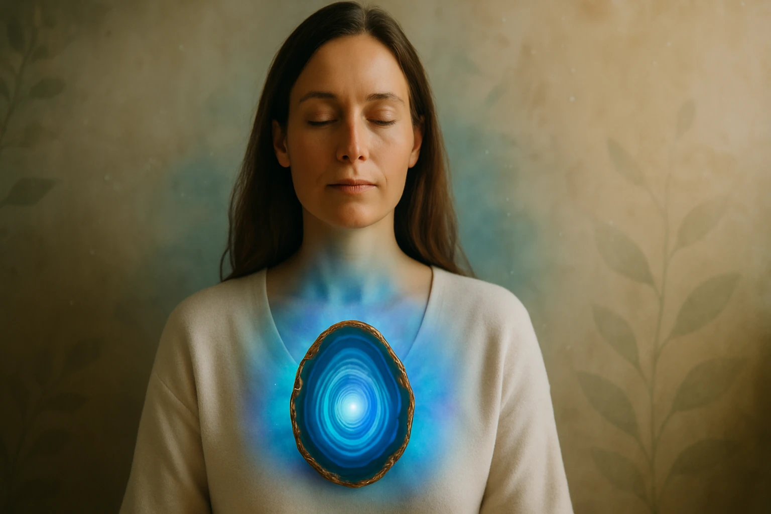 Egy nő meditál, szívénél kék fényű, spirális mintázatú kristály található.