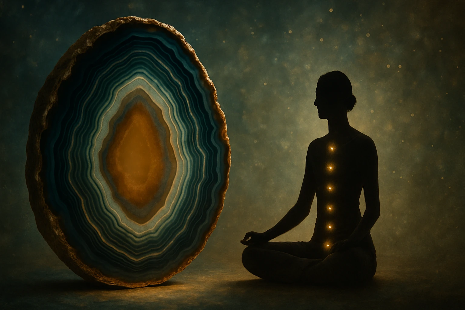 Egy meditáló figura, akinek hátán fénylő csakrák láthatók, egy agátkő mellett.