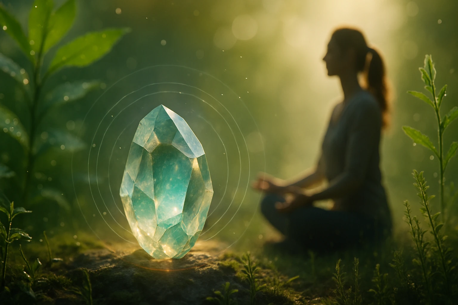 Egy meditáló nő ül egy zöld környezetben, előtte egy kék kristály.