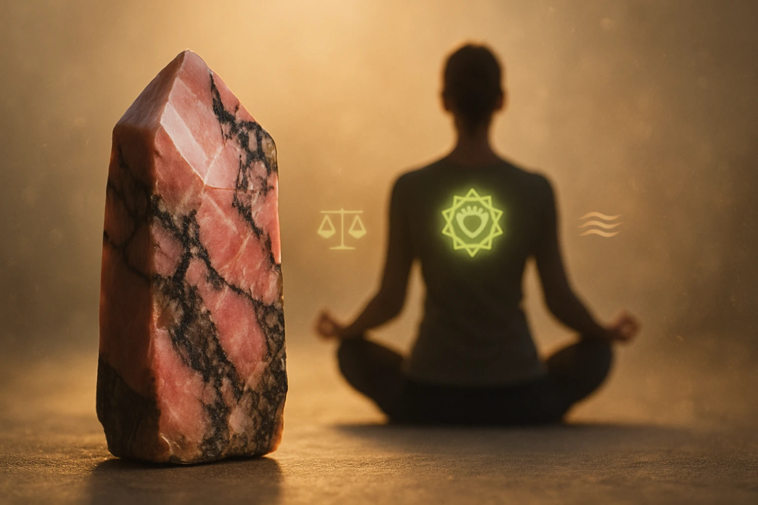 Egy rózsaszín kristály és meditáló személy háttérben, szimbolikus elemekkel.