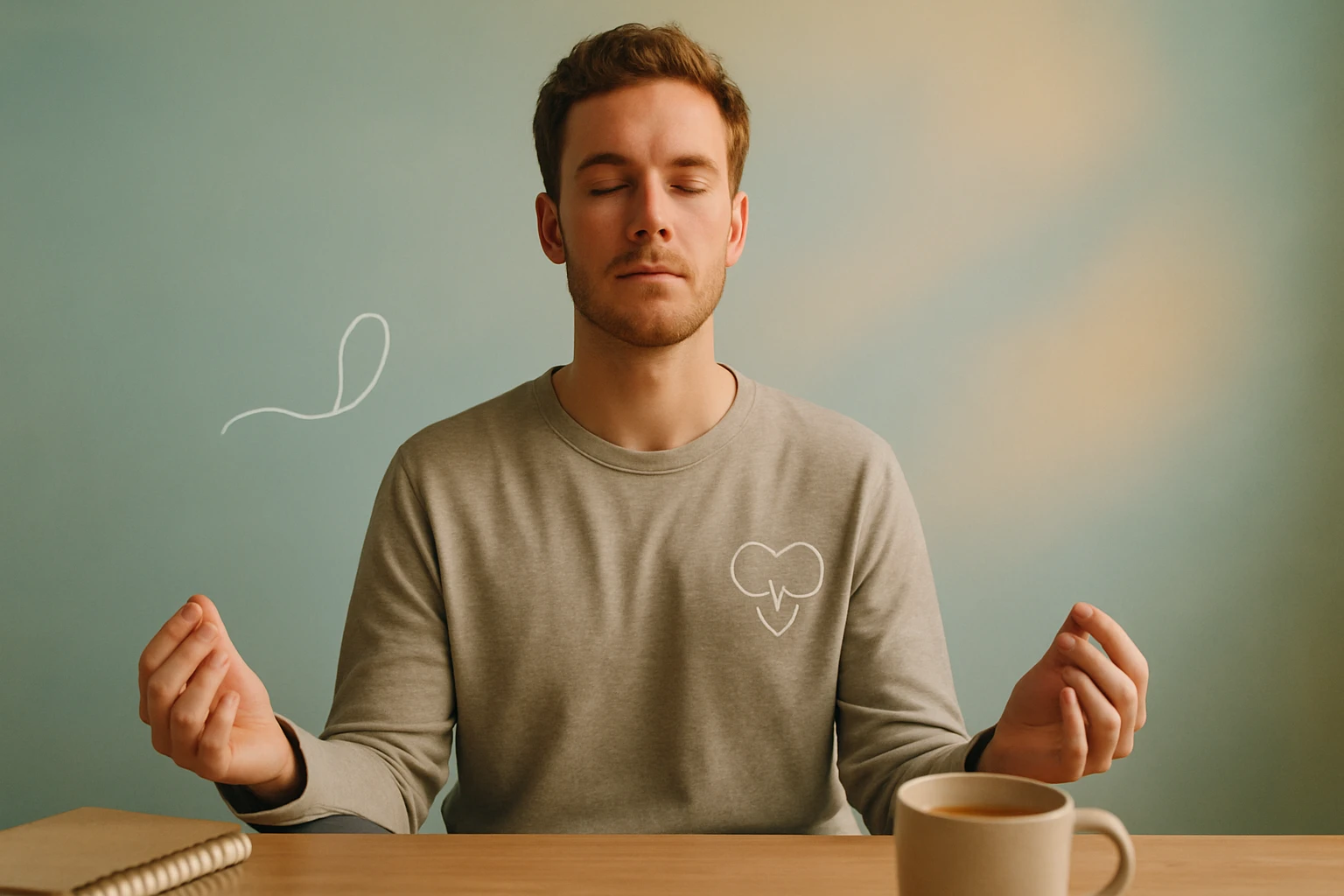 Egy férfi meditál, csukott szemmel, nyugodt arckifejezéssel, egy bögre tea mellett.