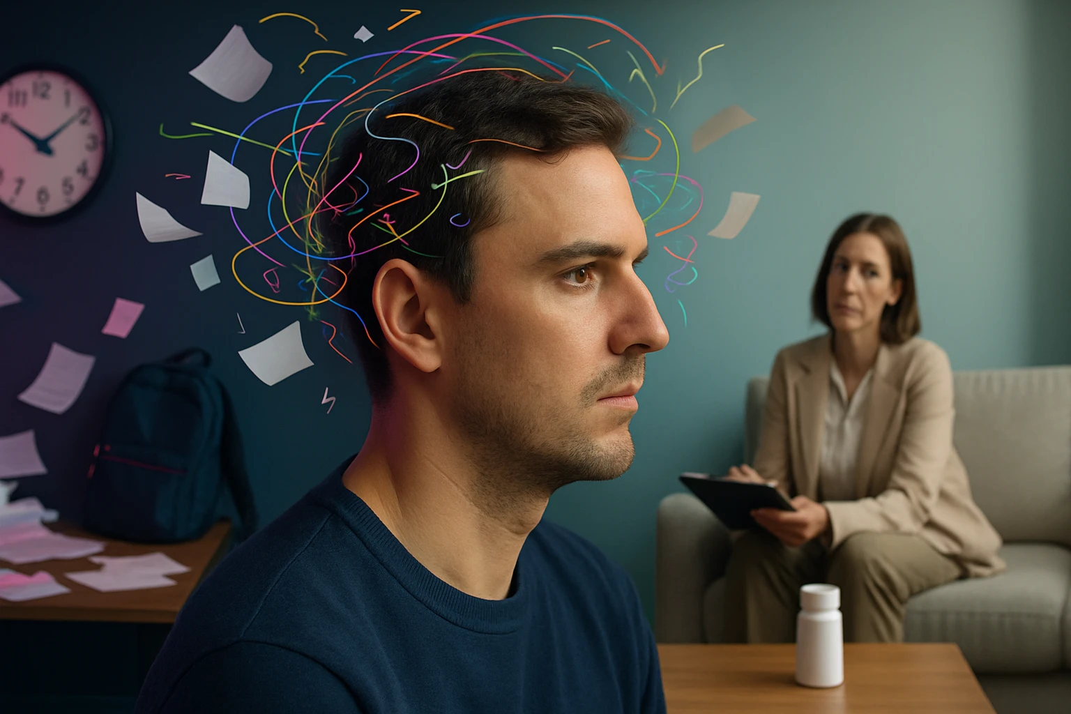 Egy férfi ül egy kanapén, fejében színes gondolatokkal, míg egy terapeuta figyeli.