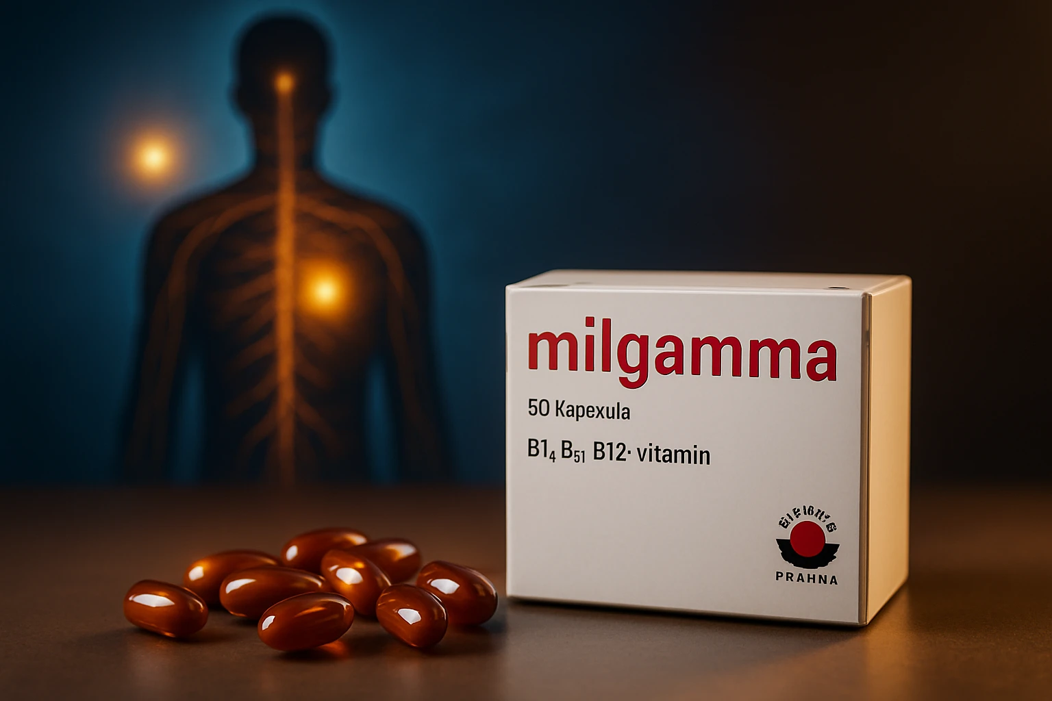 Milgamma vitamin kapszulák egy dobozban, háttérben az idegrendszer ábrázolása.