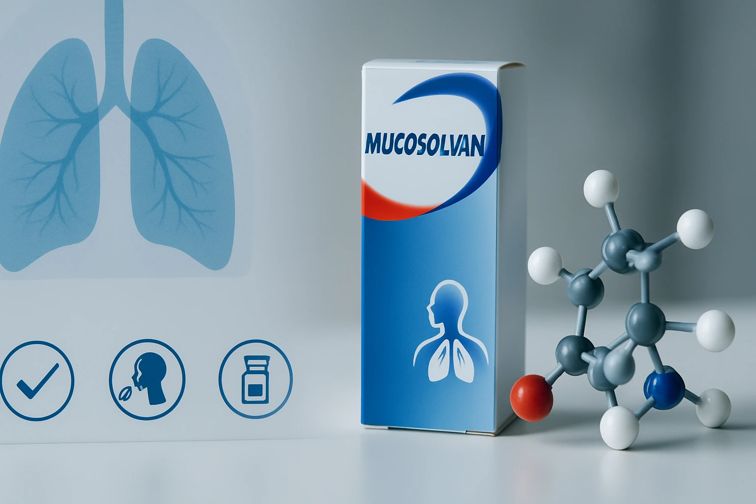 Egy Mucosolvan gyógyszer doboza, mellette egy molekula modell és tüdő ábra.