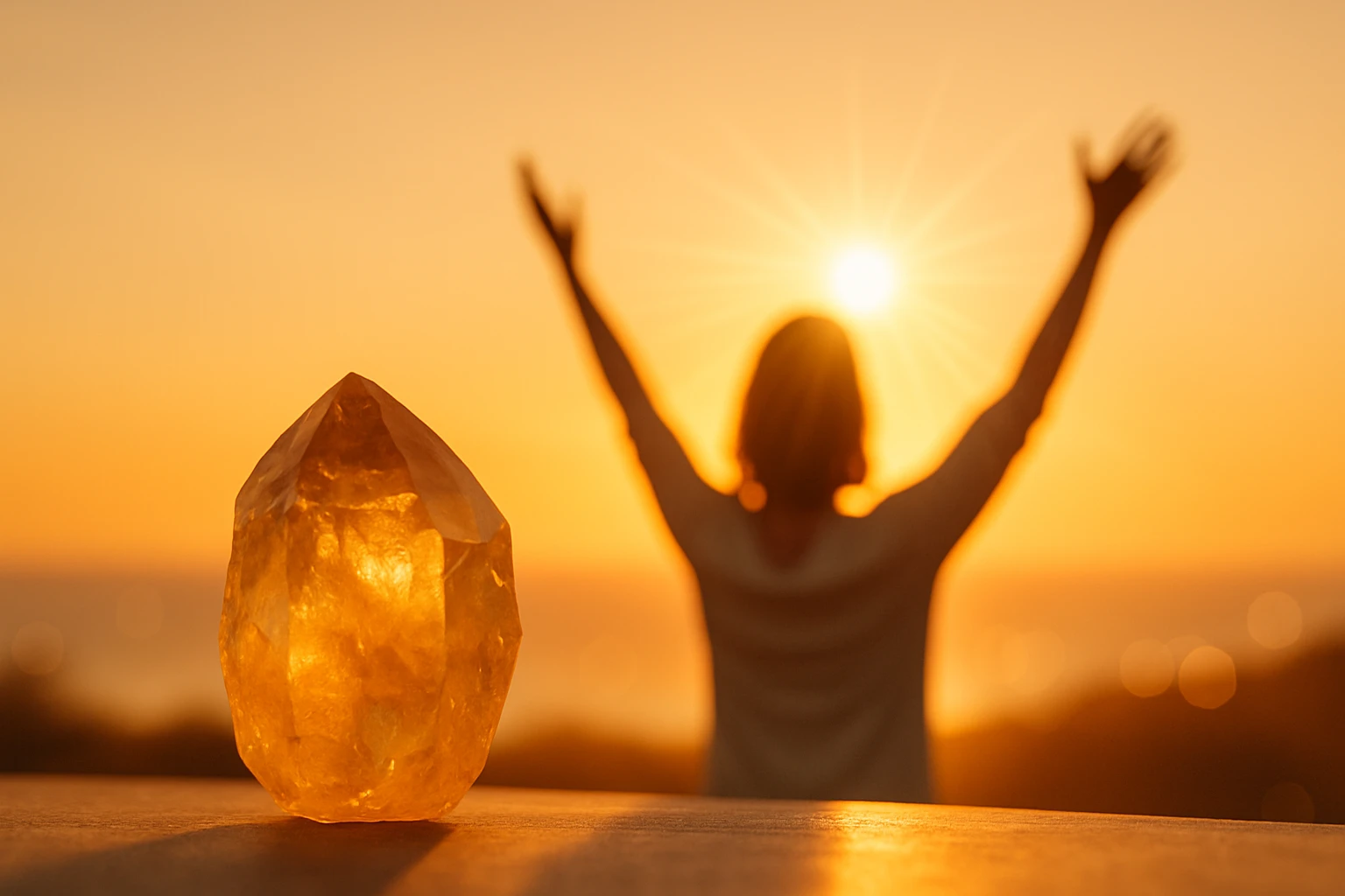 Egy nő a naplementében, kezét az ég felé emelve, egy citrin kristály mellett.
