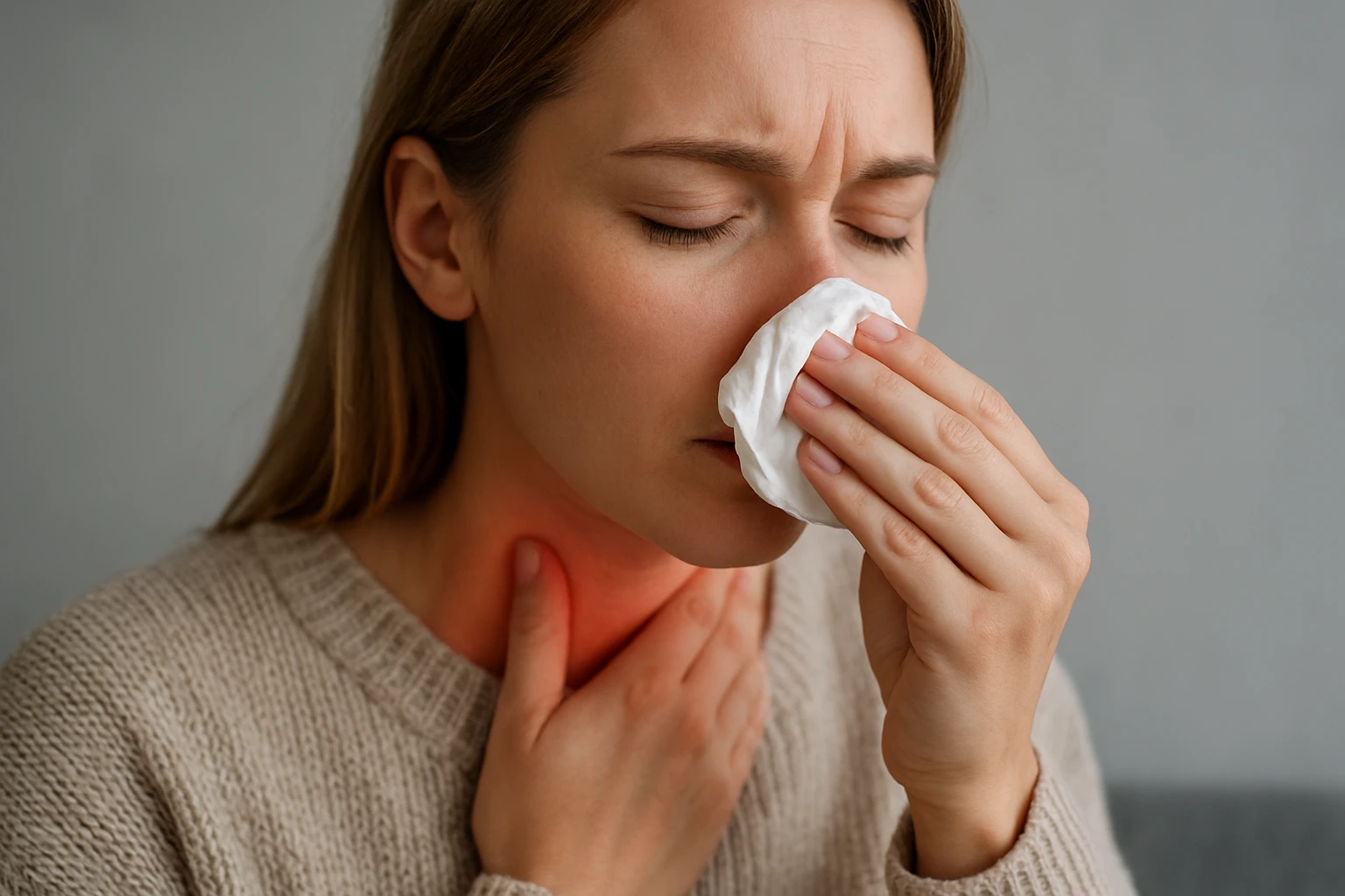 Egy nő fájdalmas arckifejezéssel, zsebkendőt tart a náthás orrához.